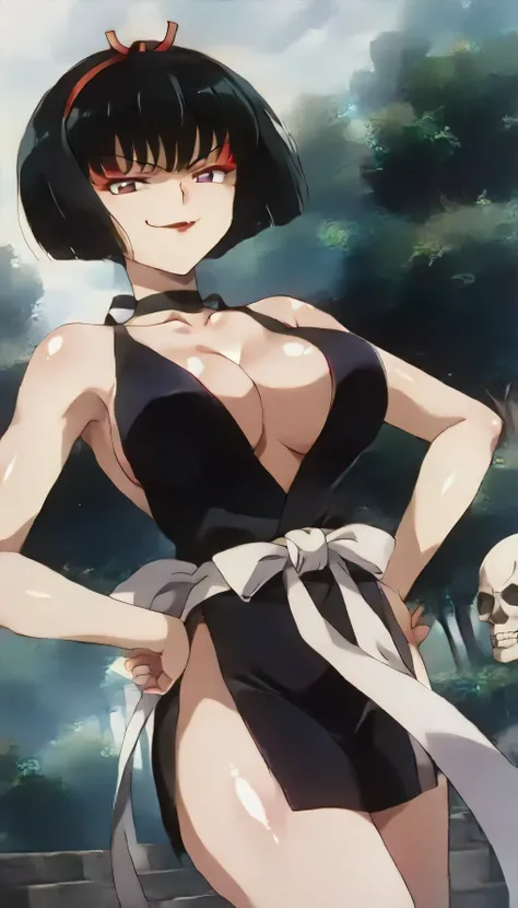 score_9, score_8_excellent, score_7_excellent, source_anime, Highest Quality, masterpiece, evaluation_explicit, no fix, , SAKASAGAMINOYURA, one girl, big breasts, Chest, black hair, headband, Bob_ cut, Purple Eyes, choker, sleeveless, short kimono,  red li...