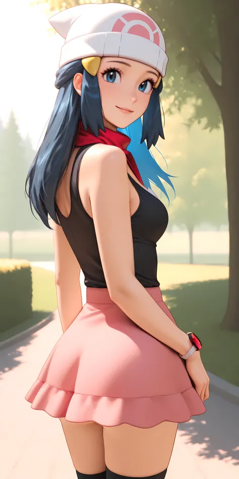 almost realistic, almost realistic, almost realistic, back view, view of her back, looking back at viewer, gentle smile, 1 girl - Dawn from Pokemon, zzDawn, blue hair, blue eyes, sidelocks, long hair,
zzDawn, blue hair, blue eyes, sidelocks, long hair, bar...