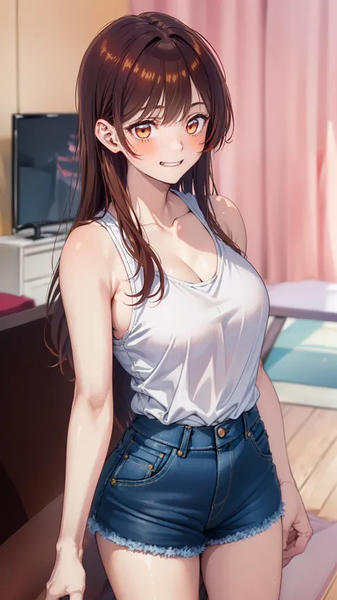 壁,(((視聴者を見る:1.7))),tooth smile:1.4,((bright red and light yellow and gradation eyes:1.4)),grin:1.4,side boob:1.5,looking away:1.4