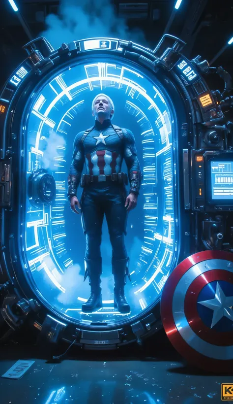 A hyper-realistic, ultra-detailed 8K cinematic scene set in Stark’s advanced workshop at night. In the center, an elderly Steve Rogers stands calmly inside a large, oval-shaped cryogenic capsule that is currently active and fully operational. He is wearing...