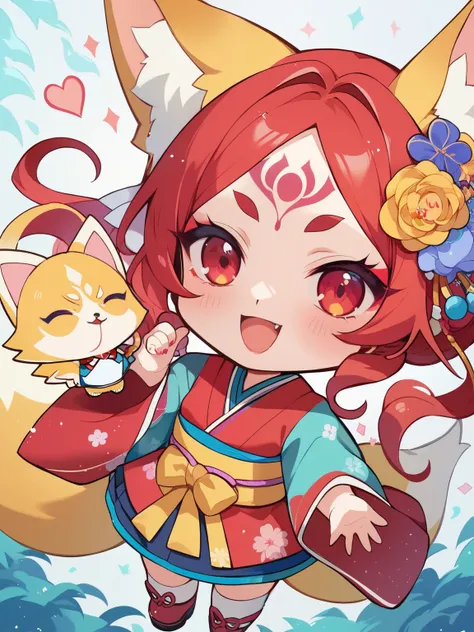 score_9, score_8_up, score_7_up, score_6_up, source_anime, nsfw，( chibi:1.4)，White Fox　red tattoo　rising golden aura　Great Tail　Transform　 A girl in a　crimson eyes　Happy red face　Japanese Kimono, Pretty Cure Style，glitter，