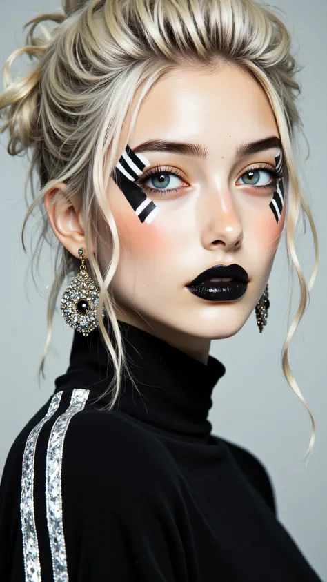 8k, Masterpiece, Top Quality, woman, close-up, profile view, looking at viewer, light colored hair, styled upwards hair, striking geometric makeup, black and white diagonal striped makeup, bold black lipstick, light colored eye, unique elaborate dangling e...