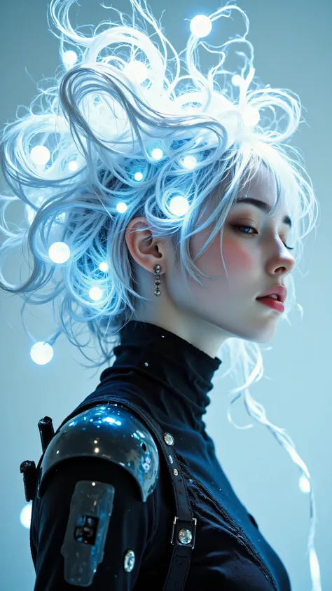 8k, Masterpiece, Top Quality, woman, profile view, eyes closed, light blue skin tone, elaborate glowing white hair structure, swirling strands, glowing orbs, black high-neck futuristic outfit, structured shoulders, reflective material, small dangling earri...
