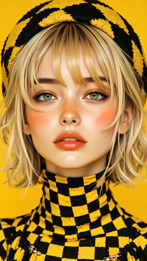 8k, Masterpiece, Top Quality, woman, close-up, stylized render, blonde hair, short bob haircut, bangs, freckles, striking yellow eyes, orange lipstick, black and yellow checkered beret, black and yellow checkered turtleneck collar, bright yellow background...