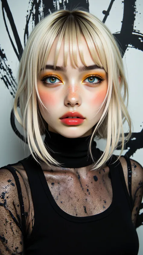 8k, Masterpiece, Top Quality, woman, upper body shot, looking at viewer, light blonde hair, straight bob haircut, blunt bangs, exaggerated long eyelashes, vibrant red lipstick, bright yellow and orange eyeshadow, striking blue eyes, black high-neck top, sh...