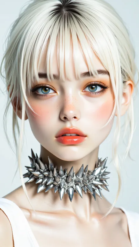 8k, Masterpiece, Top Quality, frontal, close-up shot, woman, short platinum blonde bob, straight bangs, pale skin, light grey eyes, vivid orange eyeshadow, vivid orange lipstick, dark eyelashes, metallic silver spiked neckpiece, white top, plain light back...