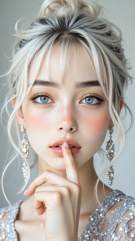 8k, Masterpiece, Top Quality, close-up shot, three-quarters view, woman, bright silver hair, soft elegant updo, wavy tendrils, jeweled hair accessory, pale skin, light blue eyes, dramatic long painted lower lashes, defined upper eyeliner, natural warm-tone...