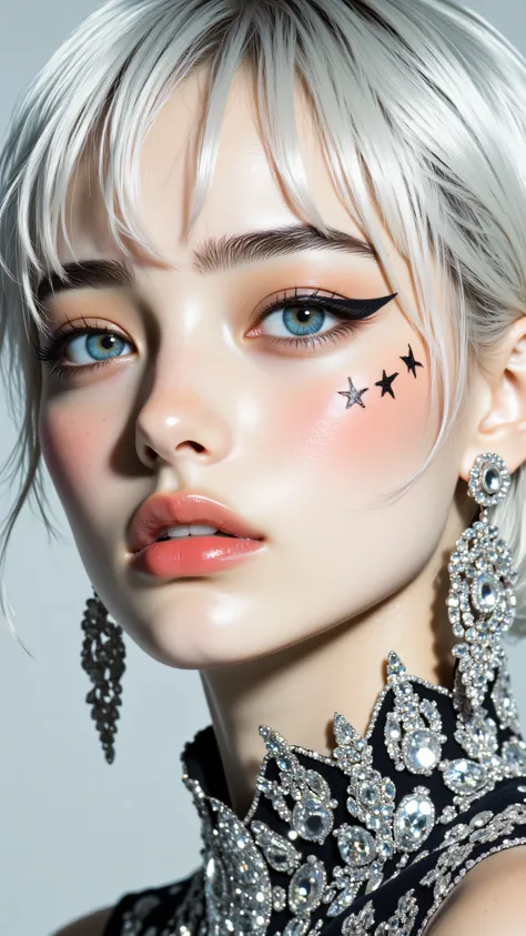 8k, Masterpiece, Top Quality, close-up shot, slightly angled view, woman, short textured bright silver hair, pale skin, striking light blue eyes, dramatic black graphic eyeliner extending to cheek with leaf-like details, natural glossy lips, elaborate silv...