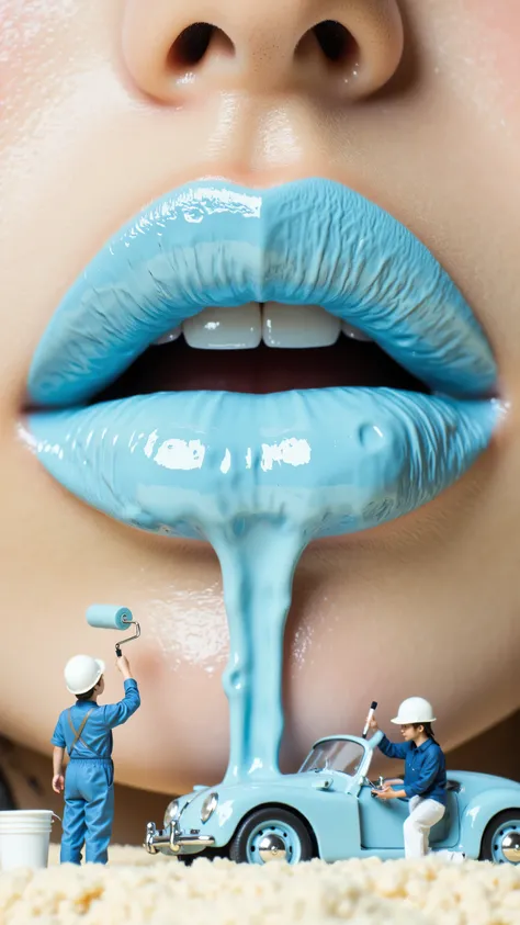 8k, Masterpiece, Top Quality, macro shot, giant lips, glossy light blue lipstick, small figures painting the lips with rollers and brushes, miniature light blue car being painted, miniature figures wearing white hard hats and blue overalls, paint buckets, ...