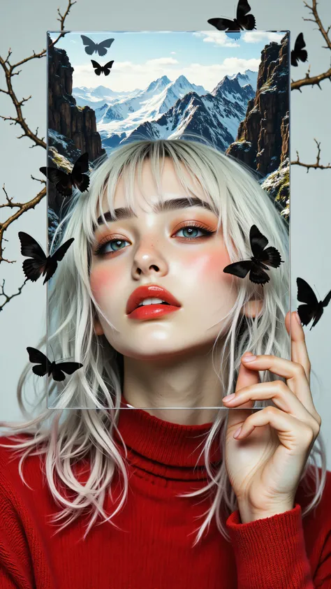 8k, Masterpiece, Top Quality, woman, upper body shot, eyes closed, white wavy hair, bangs, red eyeshadow, red lipstick, holding clear rectangular frame, reflection of rocky mountain landscape in frame, reflection of woman's face in frame, black butterflies...