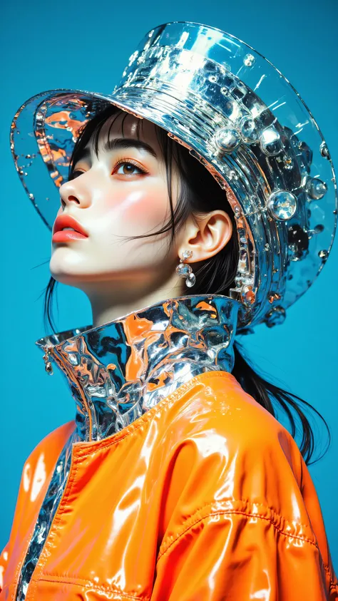 8k, Masterpiece, Top Quality, woman, head and upper body shot, profile view, looking up, light colored eyes, subtle makeup, unique structured shiny hat, translucent hat brim, shiny cylindrical hat crown, shiny layered collar, bright orange shiny jacket, si...