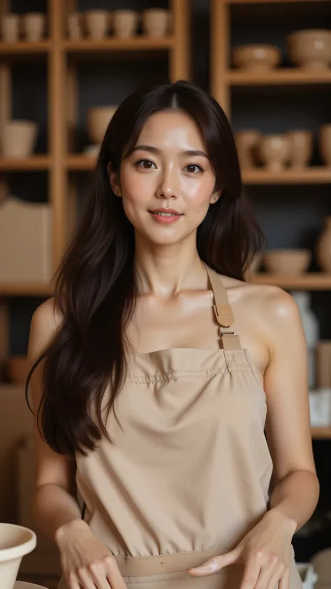 8k, Masterpiece, Top Quality, medium shot, angled view, beautiful Korean woman, long dark brown wavy hair, partially swept back, fair skin, dark brown eyes, gentle direct gaze, natural makeup, rosy lips, beige work apron, clay smudges on arm, standing at p...