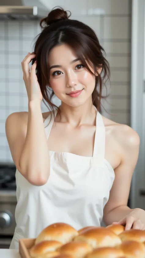 8k, Masterpiece, Top Quality, medium close-up, slightly angled view, beautiful Korean woman, dark brown hair, soft updo, loose strands, hand in hair, fair skin, light brown eyes, gentle expression, natural makeup, white apron, hand holding apron, bright mo...