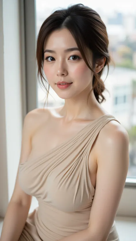 8k, Masterpiece, Top Quality, medium shot, angled view, beautiful Korean woman, dark brown hair, soft elegant updo, loose strands, fair skin, dark brown eyes, soft direct gaze, natural makeup, rosy lips, creamy beige one-shoulder form-fitting dress, ruched...