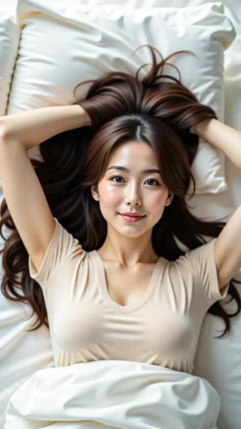 8k, Masterpiece, Top Quality, high-angle shot, medium close-up, beautiful Korean woman, long dark brown hair, spread out on pillow, fair skin, dark brown eyes, gentle expression, natural makeup, rosy lips, pale cream form-fitting T-shirt, lying in white be...