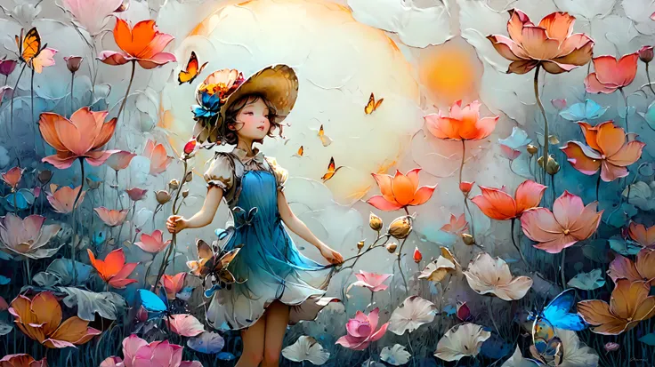 Whimsical art style, surreal fantasy, ethereal art, illustration. A girl in a summer dress and sun hat, releases a flock of butterflies in a field of giant lotus flowers. The lotus flowers are the size of trees and fill the entire background. Artstation, c...