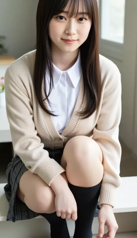 score_9,score_8_up,score_7_up,source_anime,Super Detail,Absolute Determination, detailed and beautiful face and eyes, Japanese beautiful young woman for hygiene,black hair,happy+Be in heat,uniform,beige cardigan that makes one cheek bulge,white shirt,black...