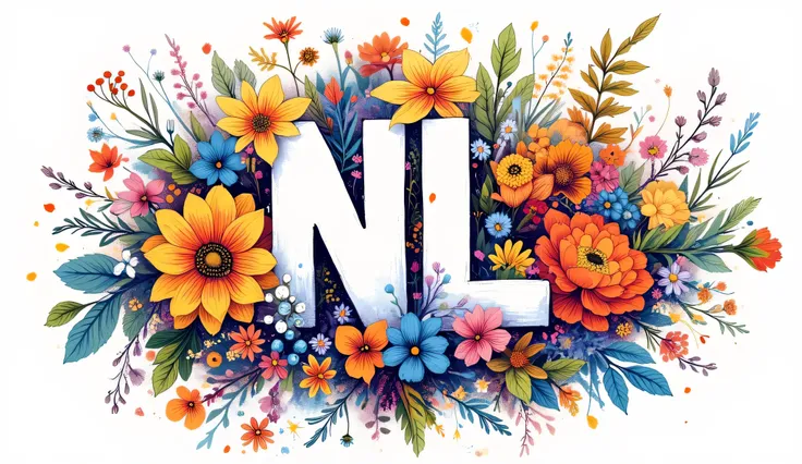 a logo with letters NL with floral details, In the colors of the rainbow behind the letters