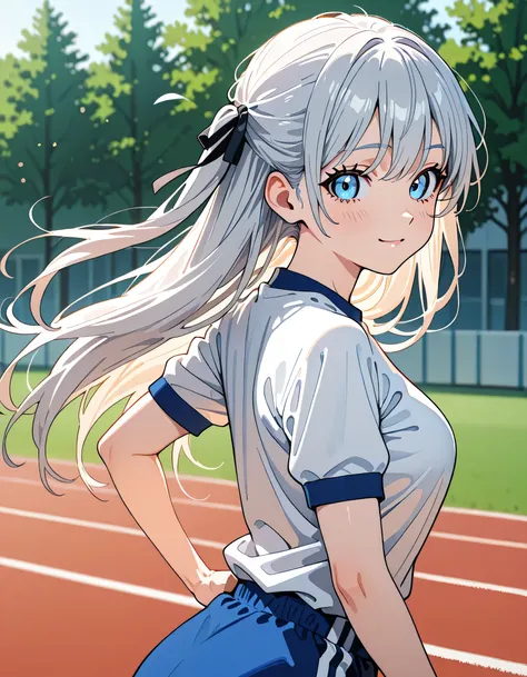 (score_9, score_8_up, score_7_up), source_Anime, absurd_res, white, blue, black, 1girls, solo, multiple girls, upper body, super fine illustration, an extremely delicate and beautiful, best quality, masterpiece, 8K, spring setting, on the school Athletic F...