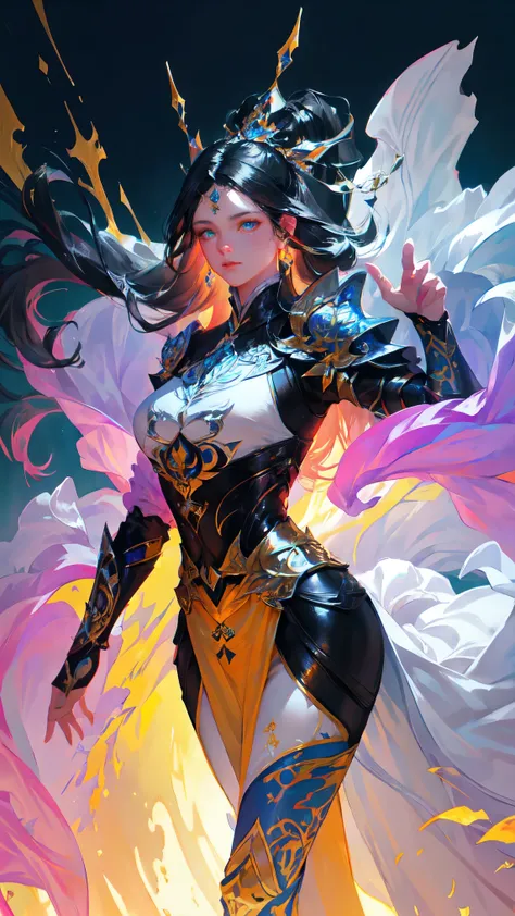 1girl, depth of field, official art, unity 8k wallpaper, ultra detailed, illustration, beautiful and aesthetic, masterpiece, best quality, knight, (big breasts), (milf, mature female), (black armor, armor, breastplate), beautiful face, (long hair, black ha...