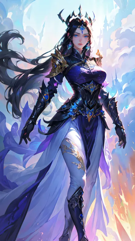 1girl, depth of field, official art, unity 8k wallpaper, ultra detailed, illustration, beautiful and aesthetic, masterpiece, best quality, knight, (big breasts), (milf, mature female), (black armor, armor, breastplate), beautiful face, (long hair, black ha...
