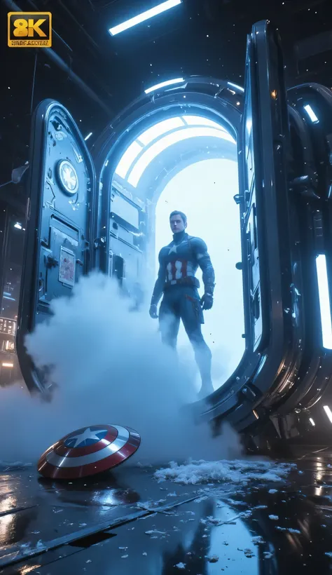 A hyper-realistic, ultra-detailed 8K cinematic scene inside Stark’s futuristic workshop. At the center, a massive, upright, oval-shaped cryogenic capsule stands open, its front panel fully lifted. Thick, cold mist pours out onto the floor, filling the air ...