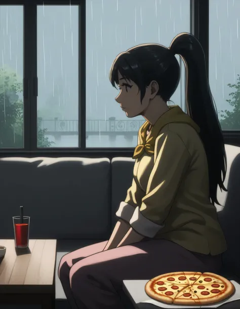 score_9, score_8_up, score_7_up, gsfghtr, pajamas, neckerchief, black hair, straight hair, medium breasts, long ponytail hair, cinematic Lighting, 1girl,solo, sitting on sofa, watching tv, television in front of her, glass of water, pizza, window, ((rainy)...