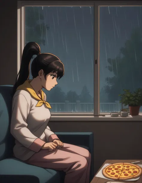 score_9, score_8_up, score_7_up, gsfghtr, pajamas, neckerchief, black hair, straight hair, medium breasts, long ponytail hair, cinematic Lighting, 1girl,solo, sitting on sofa, watching tv, television in front of her, glass of water, pizza, window, ((rainy)...