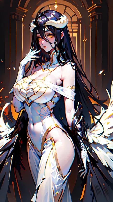 A (super realistic, 8k_resolution) beautiful meture woman(age_26(albedo _overlord)) with (orange_eyes with perfect_detailing) and white_wedding_attire(detailed) with gold jewellery on perfect huge sexy breasts, beautiful breast, black long beautiful hair, ...