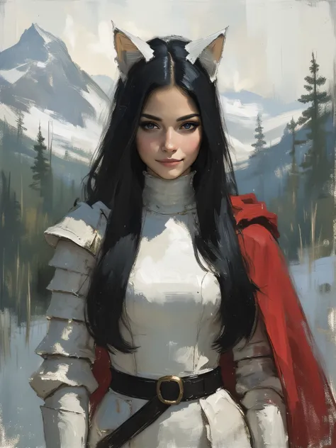 highres, A very beautiful 22 year old a lady paladin warrior, beautifully detailed eyes, (((DeepSkyBlue eyes: 1.5))), ((beautiful and detailed candy pink lips, thin lips, light smile)), (((long black hair, shiny hair))), white cat ears, ((dynamic pose, gra...