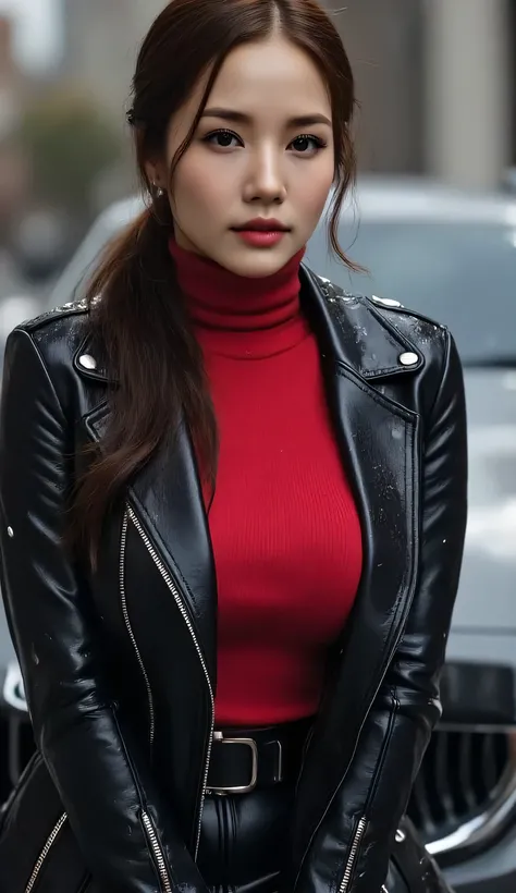 a beautiful woman, sits leaning on top of car during drizzling rain, shirt looks full body, body facing the camera, black open tight leather jacket with red turtle model tight t-shirt, long black leather pants, Black hair ponytail, big H-cup, tubuh bas...