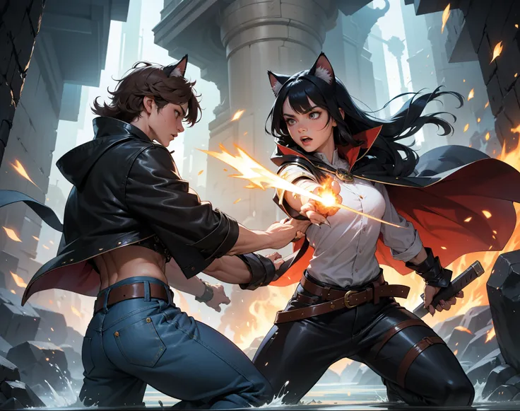 a dramatic battle scene between two anthropomorphic cat warriors, one casting elemental spells with fire and water, wearing a mage's cloak with runes, and the other a wild-haired fighter in leather and denim, slashing through magic with claws and energy, e...