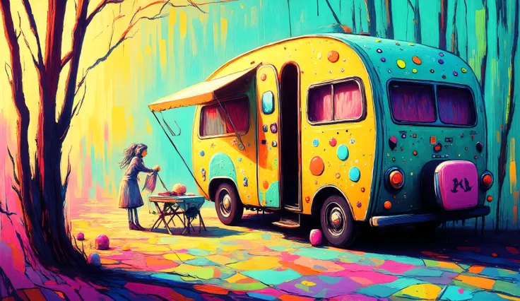 girl arranging colorful camping gear beside a retro flower power camping trailer, vibrant psychedelic campsite setup, bohemian outdoor lifestyle, edge of mystical forest with tall thin trees, bright natural sunlight with rainbow prism effects, neon colors,...