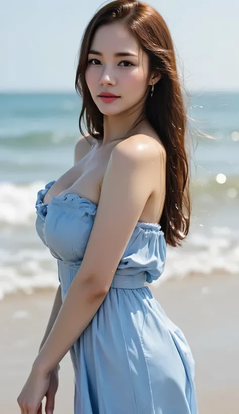 a beautiful woman, bermain di pantai, body facing the camera, use a sleeveless dress of satin material of light blue color, big J-cup, bibir merah, tubuh basah, rambut basah