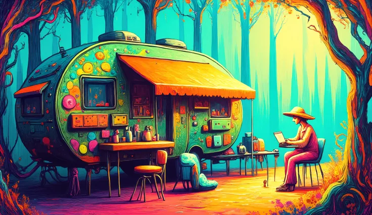 girl arranging colorful camping gear beside a retro flower power camping trailer, vibrant psychedelic campsite setup, bohemian outdoor lifestyle, edge of mystical forest with tall thin trees, bright natural sunlight with rainbow prism effects, neon colors,...