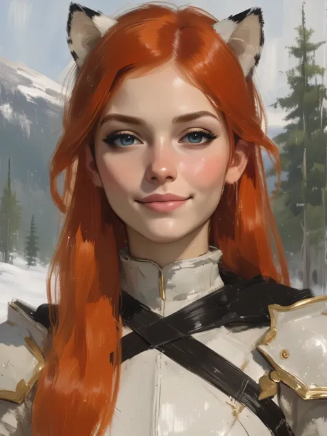 highres, Close-up, A very beautiful 22 year old a lady paladin warrior, beautifully detailed eyes, (((DeepSkyBlue eyes: 1.5))), ((beautiful and detailed candy pink lips, thin lips, light smile)), (((long orange red hair, shiny hair))), white tiger ears, ((...
