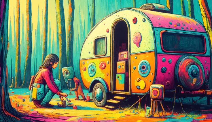 girl arranging colorful camping gear beside a retro flower power camping trailer, vibrant psychedelic campsite setup, bohemian outdoor lifestyle, edge of mystical forest with tall thin trees, bright natural sunlight with rainbow prism effects, neon colors,...