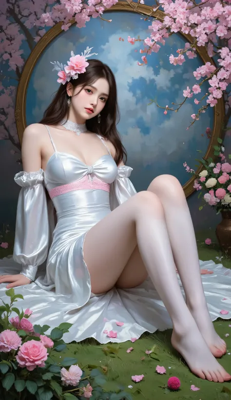 1Centaur Girl，pearlescent, Clouds and mist,  dark  blue,  dark , Dark Blue, Dark Red, Green, bronze, Light Gray, Sky blue, Bright silver, Stream of consciousness, Ancient Beauty,  reclining with strange trees , strange flowers and etenotic plants, hazy,  l...