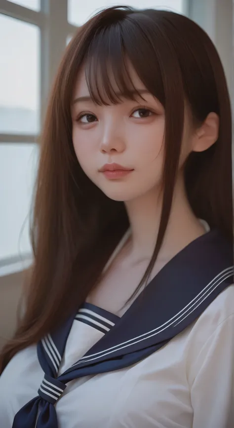 a Japanese woman who looks like an idol ,long hair ,Straight Hair, round face ,bust up , sailor suit , LIKE THE PICTURES , high school