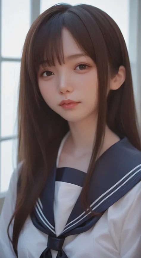 a Japanese woman who looks like an idol ,long hair ,Straight Hair, round face ,bust up , sailor suit , LIKE THE PICTURES , high school