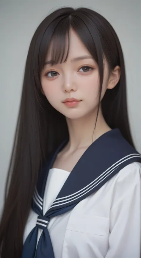 a Japanese woman who looks like an idol ,long hair ,Straight Hair, round face ,bust up , sailor suit , LIKE THE PICTURES , high school