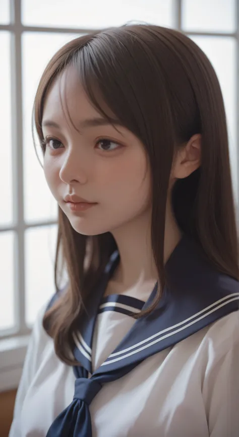 a Japanese woman who looks like an idol ,long hair ,Straight Hair, round face ,bust up , sailor suit , LIKE THE PICTURES , high school