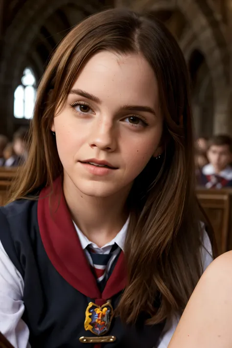 22yo emma watson wearing a Hogwarts uniform, showing viewer her perfect pussy, detailed face, detailed eyes, detailed skin, in Hogwarts school, explicit, detailed, adult content 