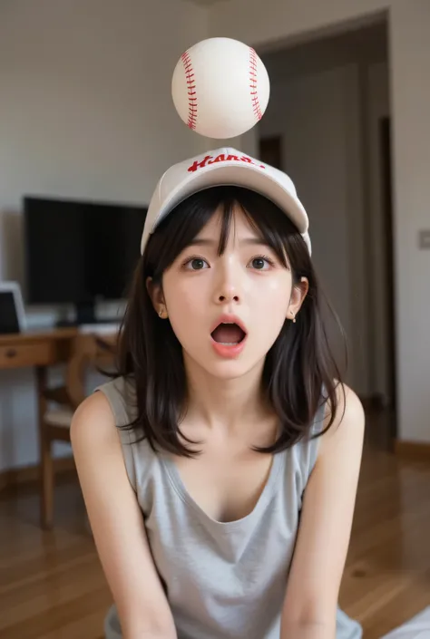 niece、((( popup)))、(((Is it a smartphone placed on a desk)))and others、The baseball popped out to the height in front of me。Depict that picture and trajectory)))、(((Surprised Expression)))、Private room、Tank Top、baseball cap、