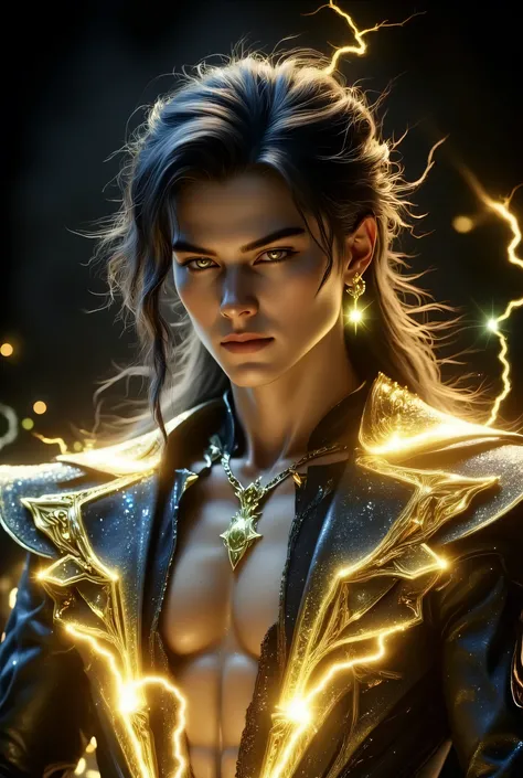 Beautiful Boy Who Stares(((ロングストレート Goldを一本に結んでいる美青年))男性は Goldでとても大きな吊り眼(big golden hanging eyes))very white, smooth skin and cheeks((Flashy and Luxurious Fantasy Outfit))Very thin jaws( Gold)A man with smooth skin and a thin chin、Beautiful Boy with Accura...