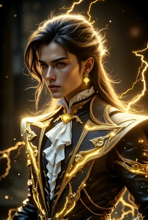The beautiful boy who looks at is Gold(((long straight gold tied to one))The man is gold and has very big hanging eyes(big golden hanging eyes))very white, smooth skin and cheeks((Flashy and Luxurious Fantasy Outfit))Very thin jaws( Gold)A man with smooth ...