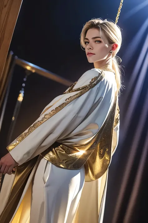 Beautiful Boy Who Stares(（（Beautiful young man with long straight blond hair and low ponytail))Men are blond and have very big hanging eyes(big golden hanging eyes))very white, smooth skin and cheeks((Flashy and Luxurious Fantasy Outfit))Very thin jaws（blo...