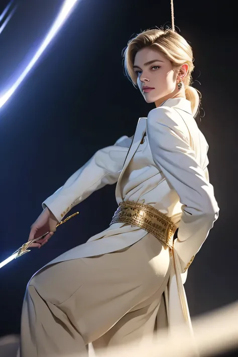 golden eyes(（（Beautiful blond young man with straight long low ponytail))Men are blond and have very big hanging eyes(big golden hanging eyes))very white, smooth skin and cheeks((Flashy and Luxurious Fantasy Outfit))Very thin jaws（blonde long）A man with sm...