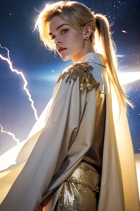 golden eyes(（（Beautiful blond young man with straight long low ponytail))Men are blond and have very big hanging eyes(big golden hanging eyes))very white, smooth skin and cheeks((Flashy and Luxurious Fantasy Outfit))Very thin jaws（very long blonde）つるつる肌のVe...
