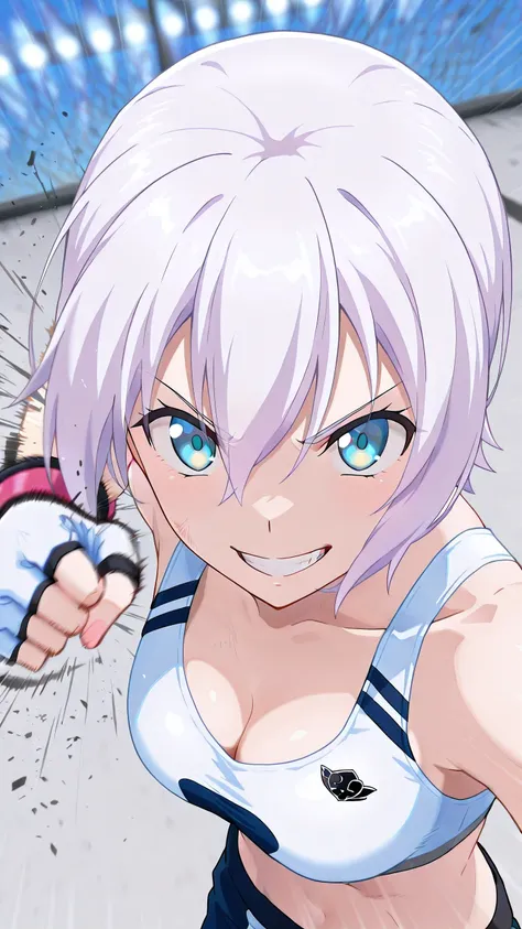 lisanna strauss, short hair, blue eyes, hair between eyes, white hair,, solo, Detailed eyes, white sports bra, black sports very short spats, white fingerless gloves, thigh, cleavage, slim body, medium breast, serious grin, looking at viewer, Detailed eyes...
